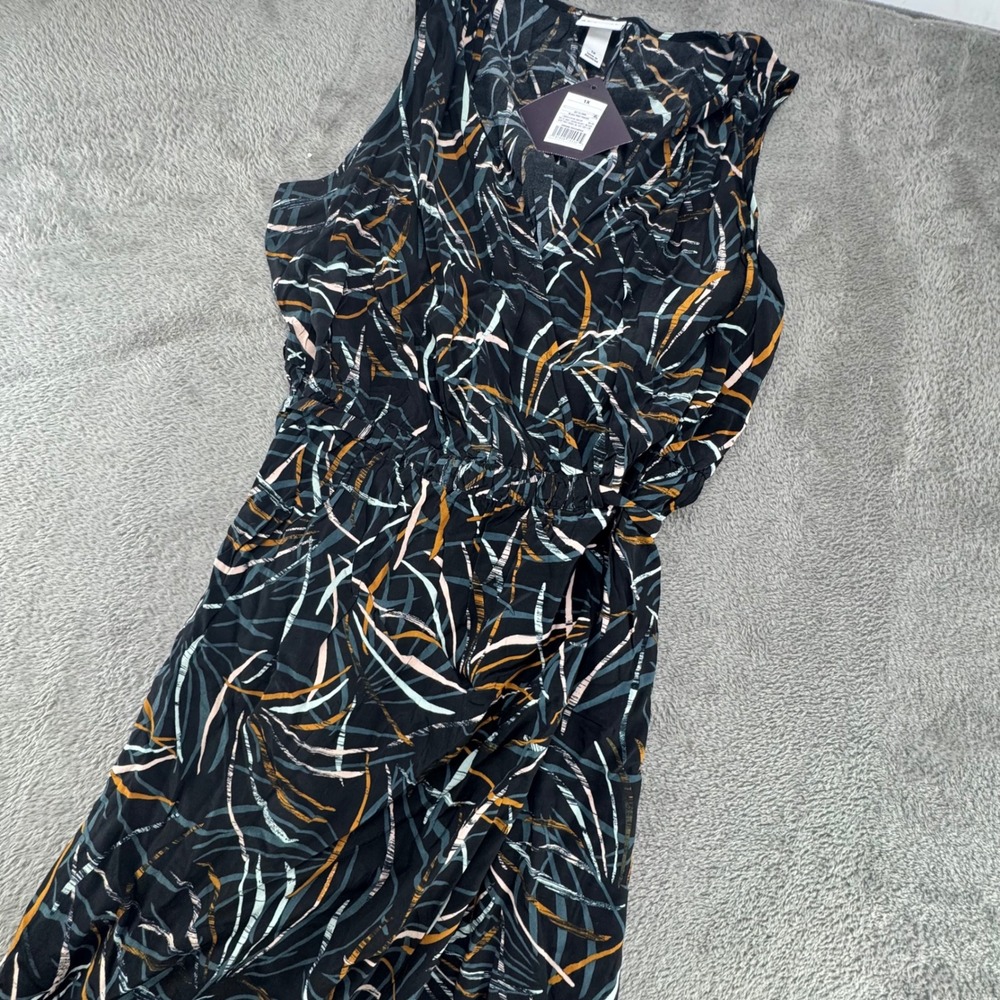 Ava & Viv Womens 1X Black‎ Abstract Leaf Print Sleeveless V-Neck Maxi Dress NWT